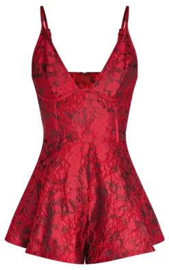 Burgundy Satin Jacquard Corset Detail Floaty Romper