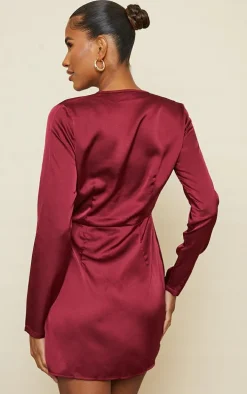 Burgundy Satin Long Sleeve Wrap Dress