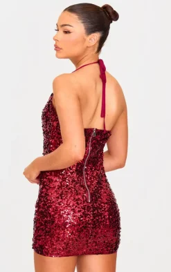 Burgundy Sequin Tie Cowl Halter Neck Bodycon Dress