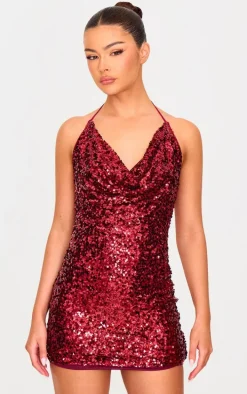 Burgundy Sequin Tie Cowl Halter Neck Bodycon Dress