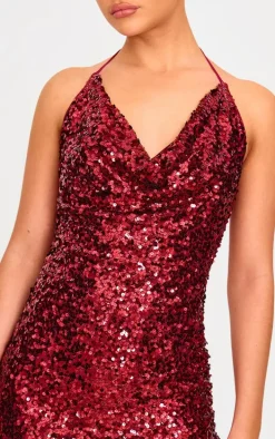 Burgundy Sequin Tie Cowl Halter Neck Bodycon Dress