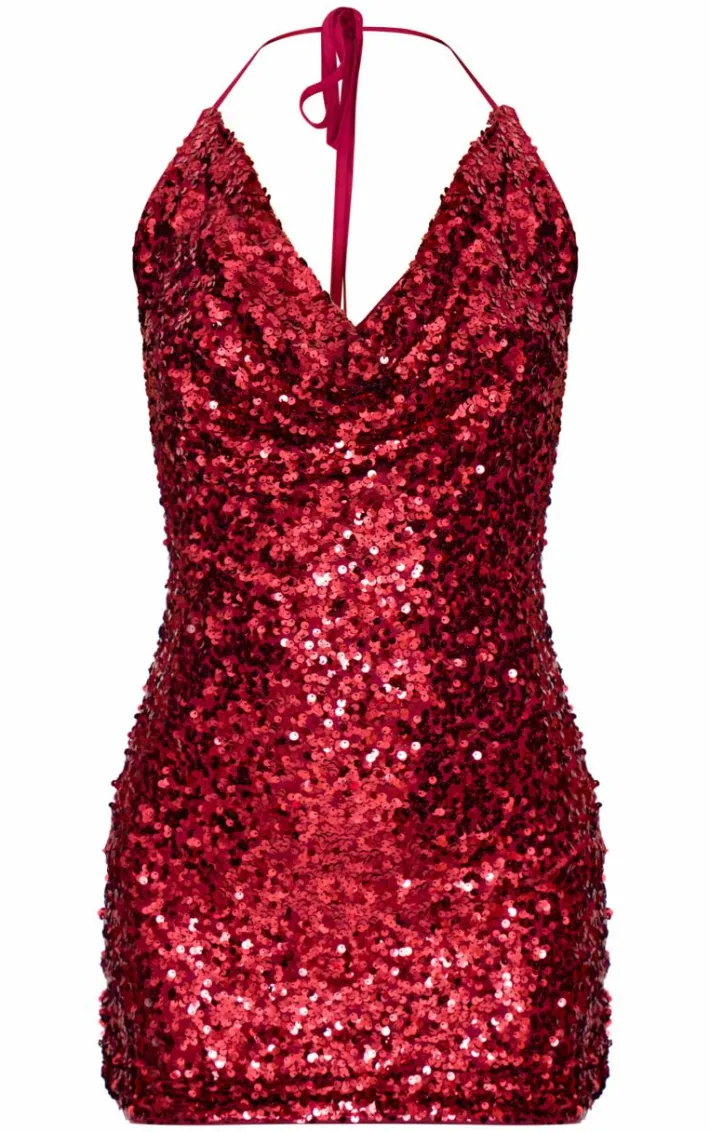 Burgundy Sequin Tie Cowl Halter Neck Bodycon Dress