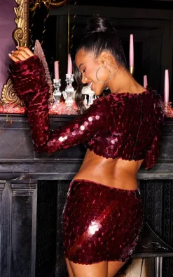 Burgundy Sequin Twist Front Long Sleeve Top