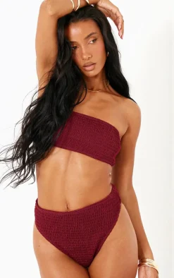 Burgundy Shirred Bandeau Bikini Top