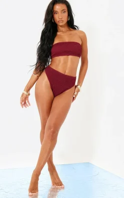 Burgundy Shirred Bandeau Bikini Top