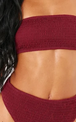 Burgundy Shirred Bandeau Bikini Top