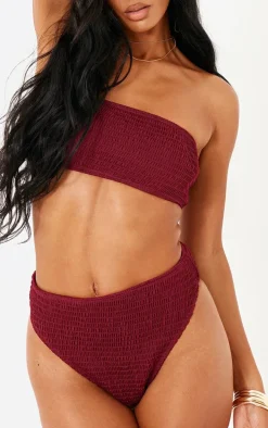 Burgundy Shirred High Waist Bikini Bottoms