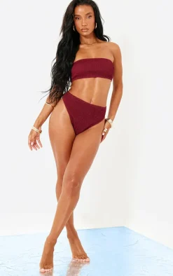Burgundy Shirred High Waist Bikini Bottoms