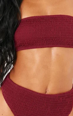 Burgundy Shirred High Waist Bikini Bottoms