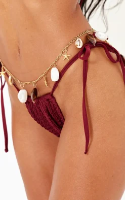 Burgundy Shirred Tie Side Bikini Bottoms
