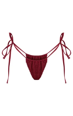 Burgundy Shirred Tie Side Bikini Bottoms
