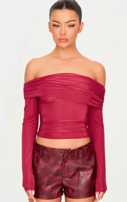 Burgundy Slinky Bardot Long Sleeve Long Top