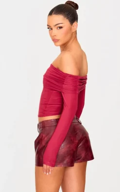 Burgundy Slinky Bardot Long Sleeve Long Top