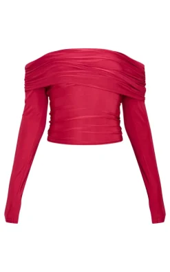Burgundy Slinky Bardot Long Sleeve Long Top