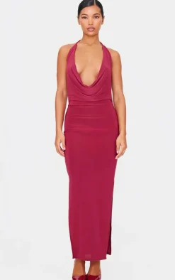 Burgundy Slinky Cowl Halterneck Maxi Dress