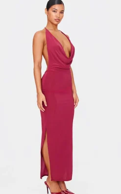 Burgundy Slinky Cowl Halterneck Maxi Dress