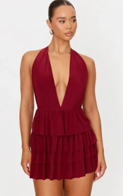 Burgundy Slinky Halterneck Plunge Rara Skort Romper