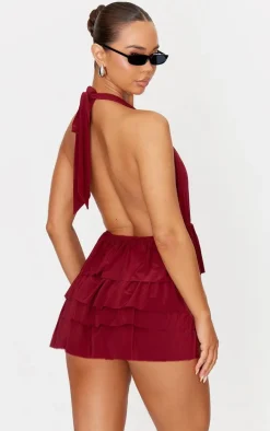 Burgundy Slinky Halterneck Plunge Rara Skort Romper