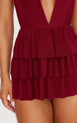 Burgundy Slinky Halterneck Plunge Rara Skort Romper