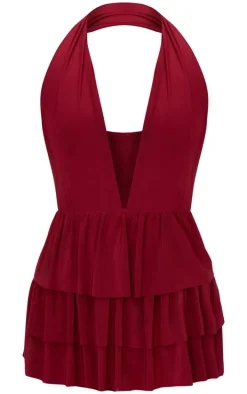 Burgundy Slinky Halterneck Plunge Rara Skort Romper
