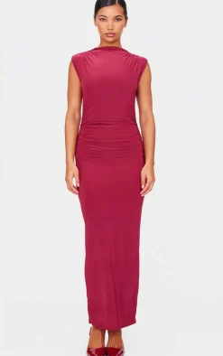 Burgundy Slinky High Neck Ruched Side Midaxi Dress