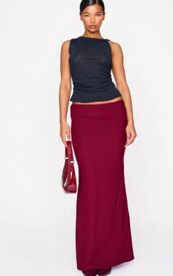 Burgundy Slinky Jersey Twisted Waist Detail Maxi Skirt