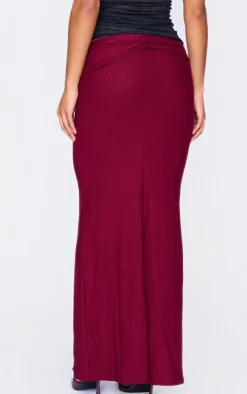 Burgundy Slinky Jersey Twisted Waist Detail Maxi Skirt