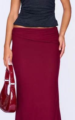 Burgundy Slinky Jersey Twisted Waist Detail Maxi Skirt