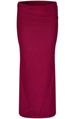 Burgundy Slinky Jersey Twisted Waist Detail Maxi Skirt