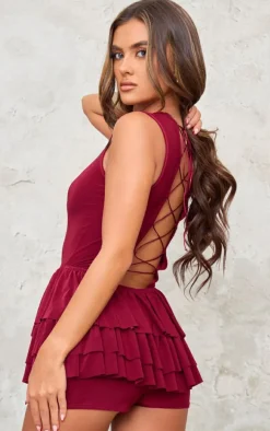 Burgundy Slinky Lace Up Back Detail Rara Skort Romper