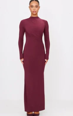 Burgundy Slinky Long Sleeve Maxi Dress