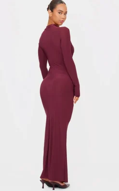 Burgundy Slinky Long Sleeve Maxi Dress