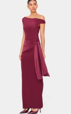 Burgundy Slinky Off Shoulder Wrap Detail Maxi Dress