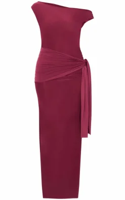 Burgundy Slinky Off Shoulder Wrap Detail Maxi Dress