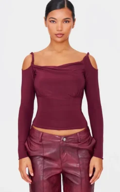 Burgundy Slinky Twist Shoulder Detail Cut Out Top
