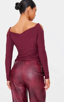 Burgundy Slinky Twist Shoulder Detail Cut Out Top