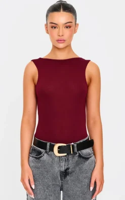 Burgundy Soft Jersey Open Back Bodysuit