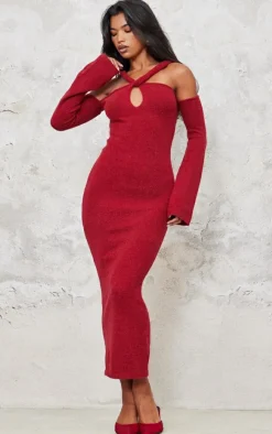 Burgundy Soft Knit Strappy Cut Out Maxi Dress