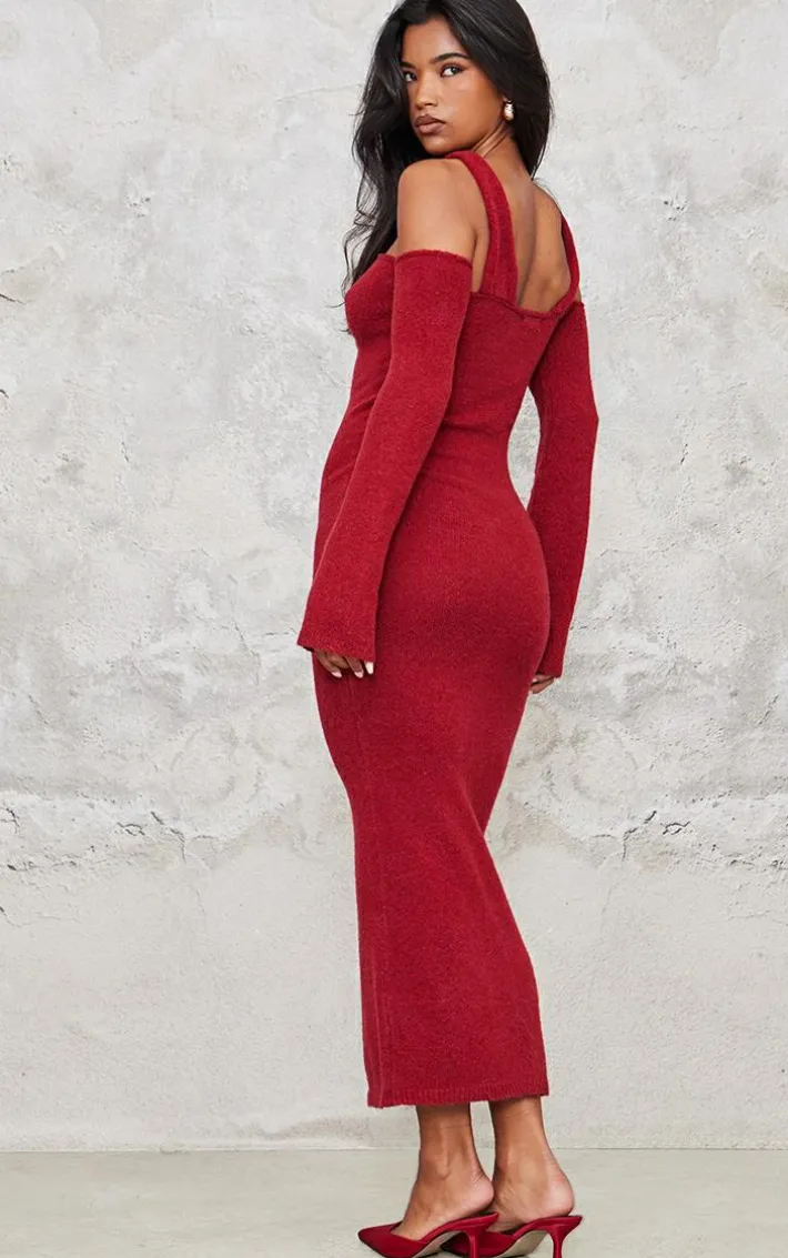Burgundy Soft Knit Strappy Cut Out Maxi Dress