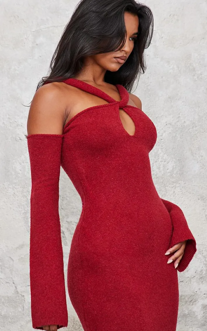 Burgundy Soft Knit Strappy Cut Out Maxi Dress