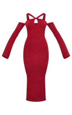 Burgundy Soft Knit Strappy Cut Out Maxi Dress