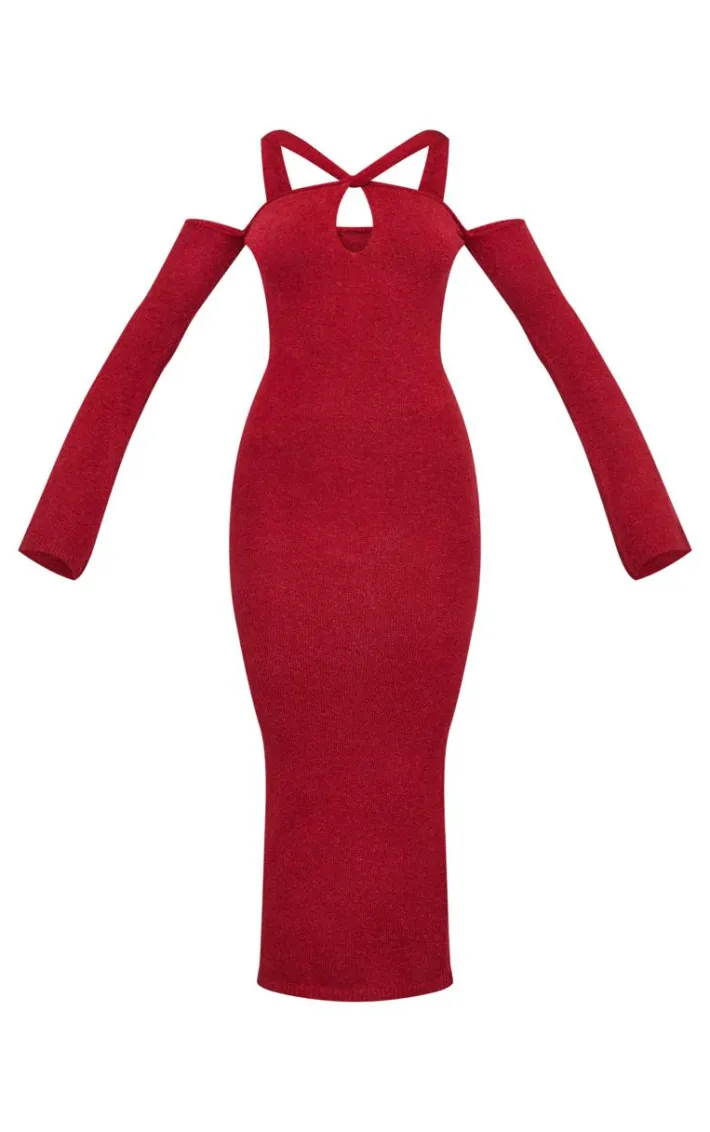 Burgundy Soft Knit Strappy Cut Out Maxi Dress