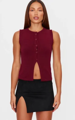 Burgundy Soft Knitted Button Through Vest