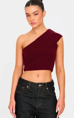 Burgundy Soft Rib Knit One Shoulder Fold Over Crop Top