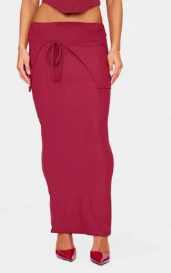 Burgundy Soft Touch Overlay Detail Jersey Maxi Skirt