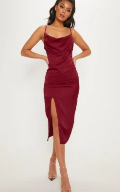 Burgundy Strappy Satin Cowl Midi Dress