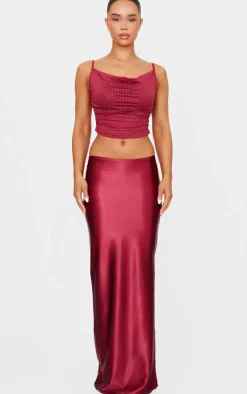 Burgundy Stretch Satin Split Side Maxi Skirt