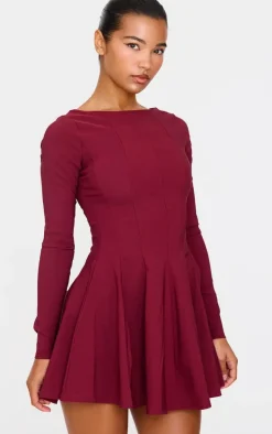 Burgundy Stretch Woven Boat Neck Long Sleeve Pleated Shift Dress