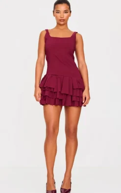 Burgundy Stretch Woven Extreme Pleated Shift Dress
