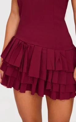 Burgundy Stretch Woven Extreme Pleated Shift Dress